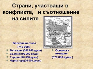 Страни, участващи в
конфликта, и съотношение
   на силите



       Балкански съюз
          (712 000):
    България (366 000 души)     Османска
    Сърбия(190 000 души)         империя
    Гърция(120 000 души)      (570 000 души )
    Черна гора(36 000 души)
 