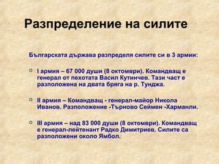 Разпределение на силите

Българската държава разпределя силите си в 3 армии:

   I армия – 67 000 души (8 октомври). Командващ е
    генерал от пехотата Васил Кутинчев. Тази част е
    разположена на двата бряга на р. Тунджа.

   II армия – Командващ - генерал-майор Никола
    Иванов. Разположение -Търново Сеймен -Харманли.

   III армия – над 83 000 души (8 октомври). Командващ
    е генерал-лейтенант Радко Димитриев. Силите са
    разположени около Ямбол.
 