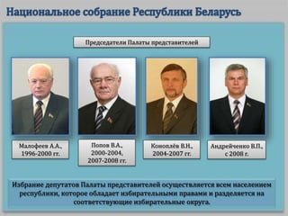 Избрание депутатов Палаты представителей осуществляется всем населением
республики, которое обладает избирательными правами и разделяется на
соответствующие избирательные округа.
Малофеев А.А.,
1996-2000 гг.
Председатели Палаты представителей
Попов В.А.,
2000-2004,
2007-2008 гг.
Коноплёв В.Н.,
2004-2007 гг.
Андрейченко В.П.,
с 2008 г.
 