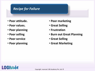Copyright reserved JBS Academy Pvt. Ltd. ©
• Poor attitude.
• Poor values.
• Poor planning
• Poor selling
• Poor service
• Poor planning
• Poor marketing
• Great Selling
• Frustration
• Burn out Great Planning
• Great Selling
• Great Marketing
Recipe for Failure
 