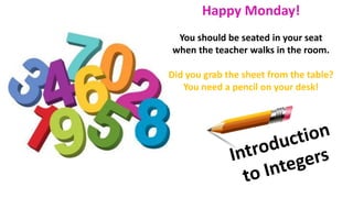 Happy Monday!
You should be seated in your seat
when the teacher walks in the room.
Did you grab the sheet from the table?
You need a pencil on your desk!
 