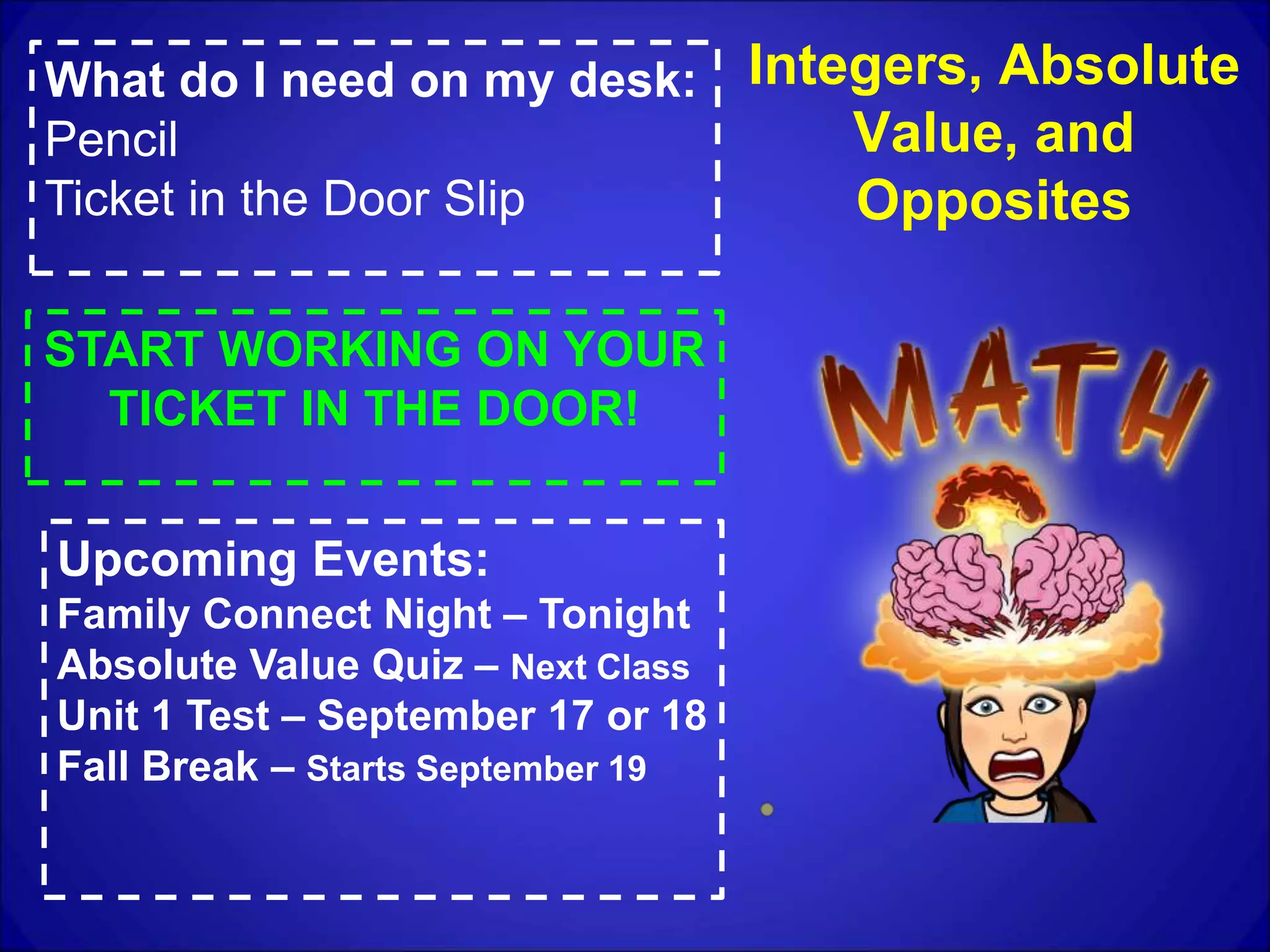 Integers, Absolute
Value, and
Opposites
What do I need on my desk:
Pencil
Ticket in the Door Slip
START WORKING ON YOUR
TICKET IN THE DOOR!
Upcoming Events:
Family Connect Night – Tonight
Absolute Value Quiz – Next Class
Unit 1 Test – September 17 or 18
Fall Break – Starts September 19
 