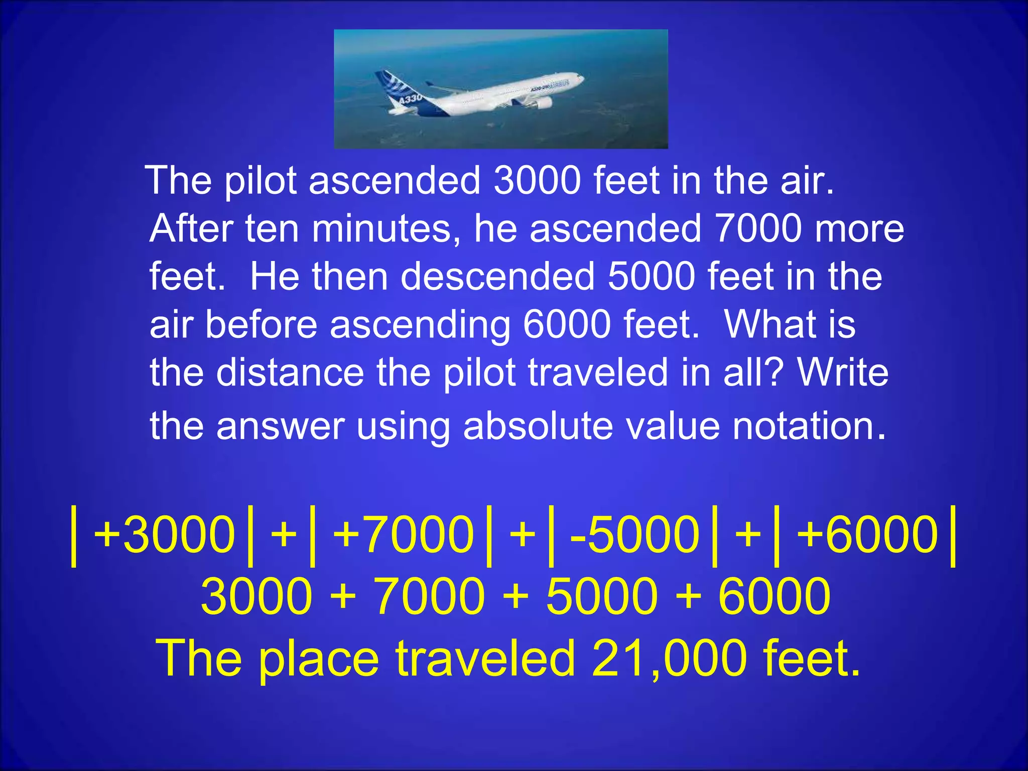The pilot ascended 3000 feet in the air.
After ten minutes, he ascended 7000 more
feet. He then descended 5000 feet in the
air before ascending 6000 feet. What is
the distance the pilot traveled in all? Write
the answer using absolute value notation.
│+3000│+│+7000│+│-5000│+│+6000│
3000 + 7000 + 5000 + 6000
The place traveled 21,000 feet.
 
