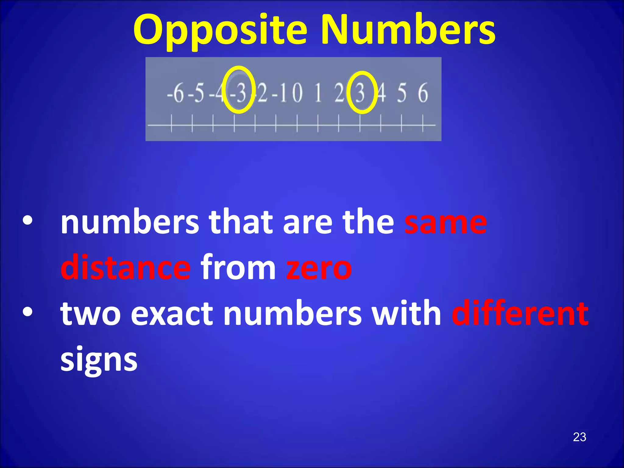 23
• numbers that are the same
distance from zero
• two exact numbers with different
signs
Opposite Numbers
 
