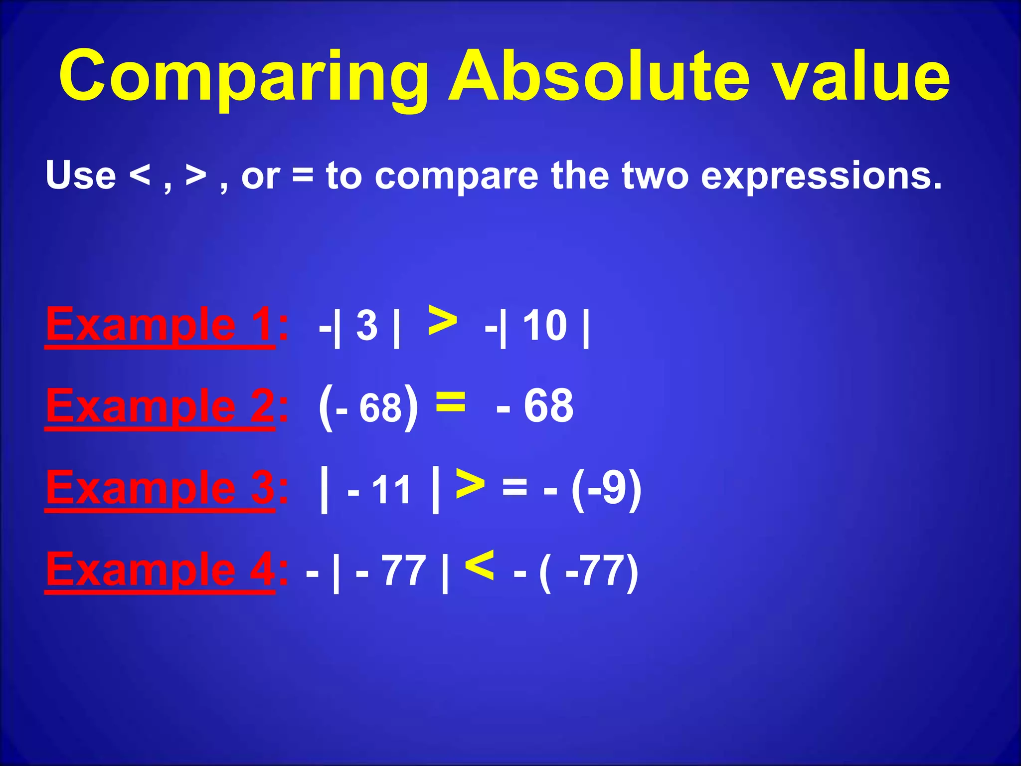 Use < , > , or = to compare the two expressions.
Example 1: -| 3 | > -| 10 |
Example 2: (- 68) = - 68
Example 3: | - 11 | > = - (-9)
Example 4: - | - 77 | < - ( -77)
Comparing Absolute value
 