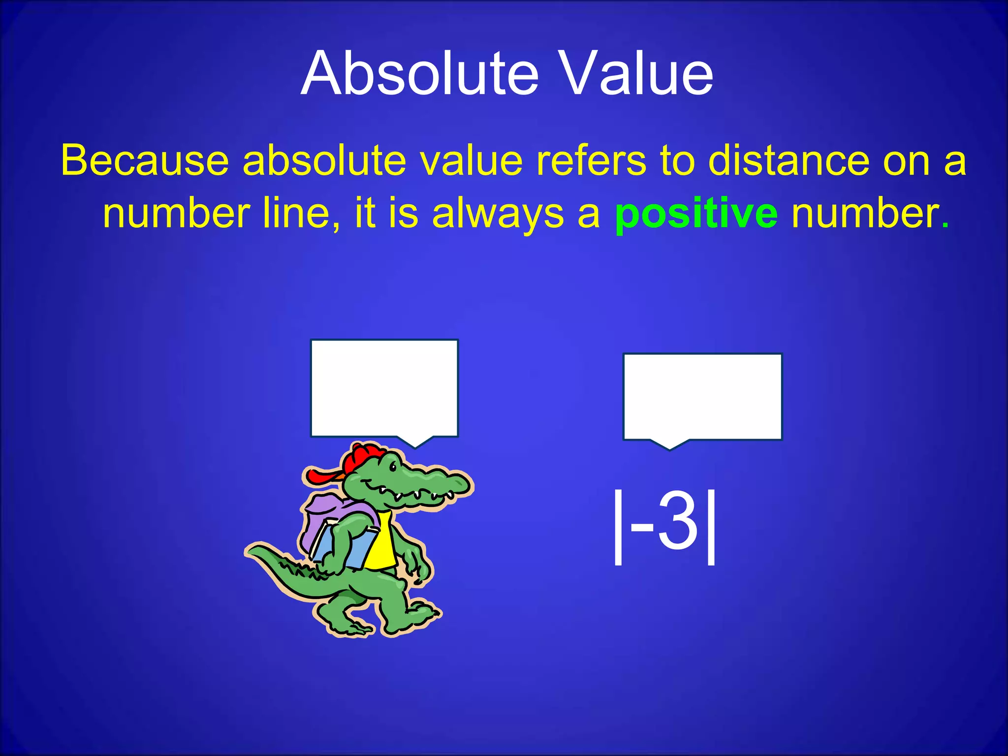 Absolute Value
Because absolute value refers to distance on a
number line, it is always a positive number.
I'm positive!
|-3|
Are you
sure?
 
