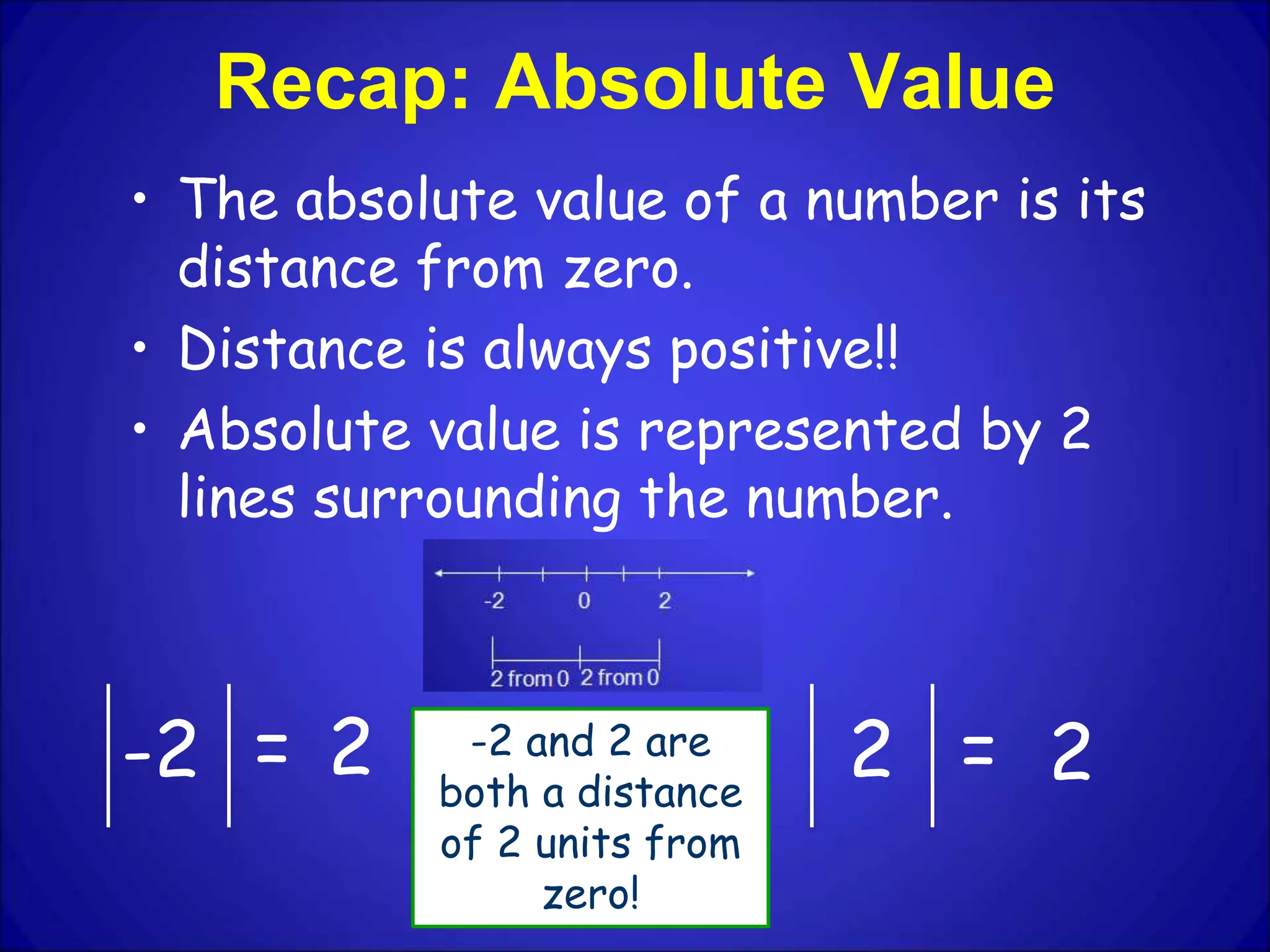 Recap: Absolute Value
• The absolute value of a number is its
distance from zero.
• Distance is always positive!!
• Absolute value is represented by 2
lines surrounding the number.
2=-2 2 = 2-2 and 2 are
both a distance
of 2 units from
zero!
 