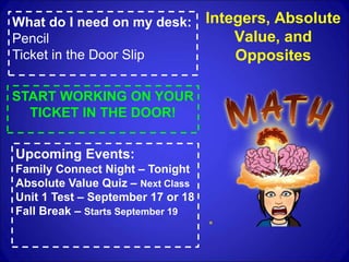Integers, Absolute
Value, and
Opposites
What do I need on my desk:
Pencil
Ticket in the Door Slip
START WORKING ON YOUR
TICKET IN THE DOOR!
Upcoming Events:
Family Connect Night – Tonight
Absolute Value Quiz – Next Class
Unit 1 Test – September 17 or 18
Fall Break – Starts September 19
 