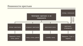 Повинности крестьян
Категории крестьян и их
повинности
тяглые крестьяне
барщина, сгоны,
чинш, дякло
осадные крестьяне
чинш, сгоны, дякло
крестьяне-слуги
служба, чинш
крестьяне-
огородники
барщина 1 раз в
неделю
челядь невольная
аграрная
реформа
 