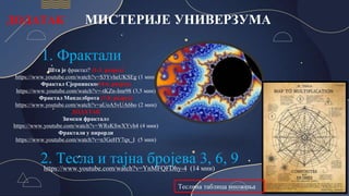 2. Тесла и тајна бројева 3, 6, 9
https://www.youtube.com/watch?v=YnMFQFDhy-4 (14 мин)
ДОДАТАК
1. Фрактали
Шта је фрактал? (1-3. разред)
https://www.youtube.com/watch?v=S3YvheUKSEg (1 мин)
Фрактал Сјерпинског(4-6. разред)
https://www.youtube.com/watch?v=-tKZn-Imr98 (3,5 мин)
Фрактал Манделброта (7-8. разред)
https://www.youtube.com/watch?v=aUoA5vUA6bo (2 мин)
ДОДАТАК
Зимски фрактали
https://www.youtube.com/watch?v=WRsKSwXYvh4 (4 мин)
Фрактали у пирорди
https://www.youtube.com/watch?v=n3GeHY7qx_I (5 мин)
МИСТЕРИЈЕ УНИВЕРЗУМА
Теслина таблица множења
 