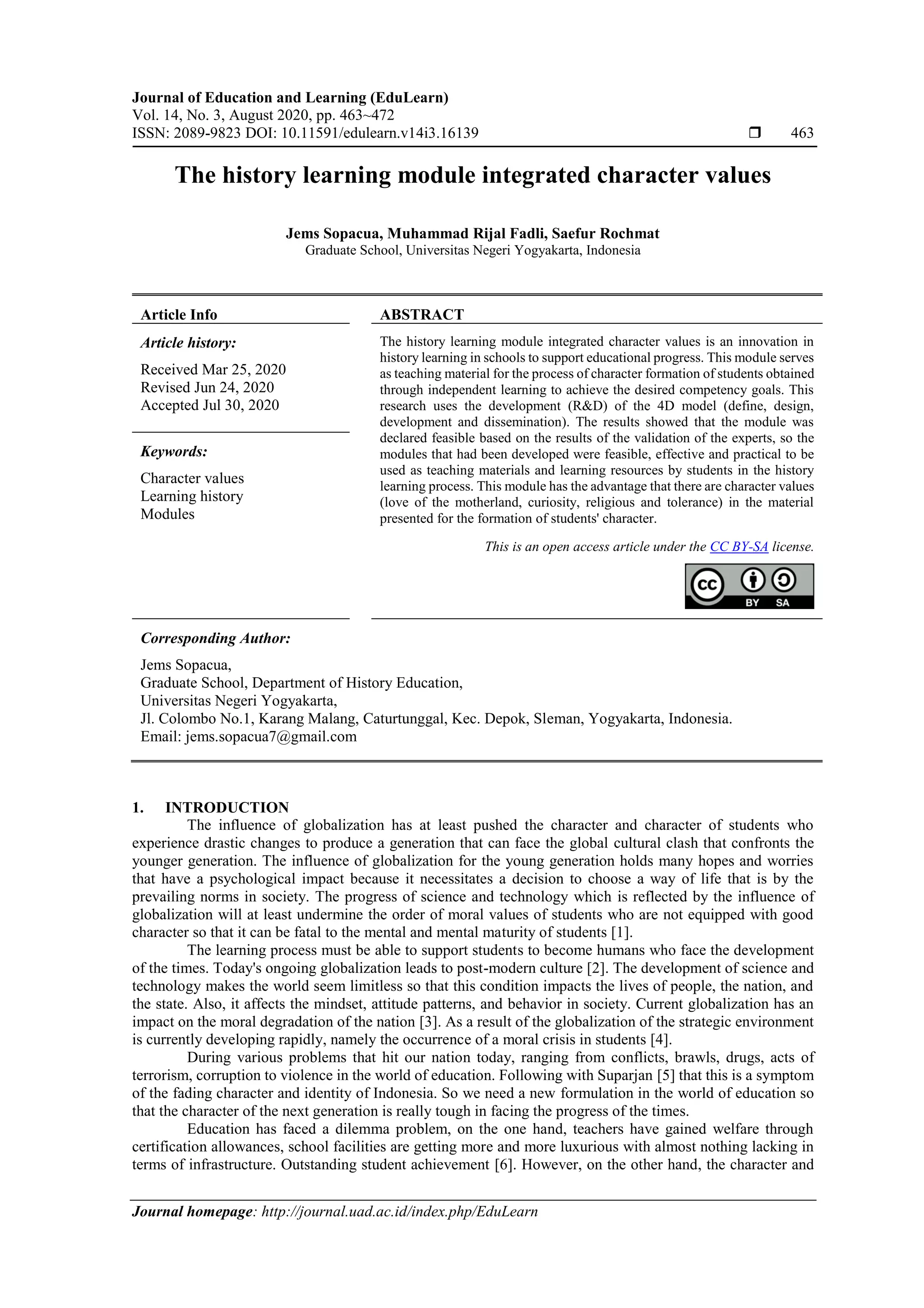 The history learning module integrated character values | PDF