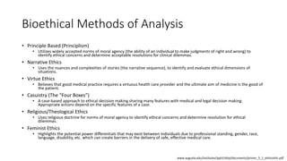 Bioethical Methods of Analysis
• Principle Based (Principlism)
• Utilizes widely accepted norms of moral agency (the ability of an individual to make judgments of right and wrong) to
identify ethical concerns and determine acceptable resolutions for clinical dilemmas.
• Narrative Ethics
• Uses the nuances and complexities of stories (the narrative sequence), to identify and evaluate ethical dimensions of
situations.
• Virtue Ethics
• Believes that good medical practice requires a virtuous health care provider and the ultimate aim of medicine is the good of
the patient.
• Casuistry (The “Four Boxes”)
• A case-based approach to ethical decision making sharing many features with medical and legal decision making.
Appropriate actions depend on the specific features of a case.
• Religious/Theological Ethics
• Uses religious doctrine for norms of moral agency to identify ethical concerns and determine resolution for ethical
dilemmas.
• Feminist Ethics
• Highlights the potential power differentials that may exist between individuals due to professional standing, gender, race,
language, disability, etc. which can create barriers in the delivery of safe, effective medical care.
www.augusta.edu/institutes/ipph/cbhp/documents/primer_5_1_ethicsinhc.pdf
 