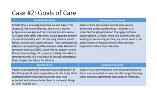 Case #2: Goals of Care
Medical Indications Preferences of Patients
COVID-19 is a new diagnosis that we ALL have. This
diagnosis, like many illnesses, has a much poorer
prognosis as we age and our immune systems wane.
As is true with other infections, it also appears to have
increased mortality with chronic lung disease, heart
failure, and chronic kidney disease. Thus incorporating
advance care planning with someone older than 65 or
someone who has COPD, heart failure, and/or chronic
kidney disease stage 3B or worse, is likely indicated in
context that this is a new piece of clinical information
that changes the future for all of us.
Goals of care discussions are the only way to
determine patient preferences. However, it is
important to ask permission to engage in these
conversations. Of note, there are patients who will
wishing to live as long as they can do not want to be
admitted to the hospital should they develop
respiratory failure from infection.
Quality of Life Contextual Features
Patients have generally reported improved quality of
life after goals of care conversations as this helps them
understand they may have less time than they
expected and may motivate them to complete things
on their “bucket list.”
Goals of care conversations are indicated whenever
there is an expected or new clinical change that may
make previous statements inaccurate or irrelevant.
 