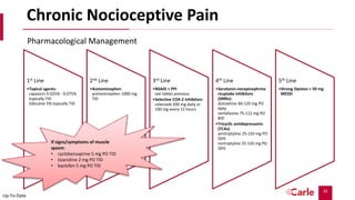 35
Chronic Nocioceptive Pain
1st Line
•Topical agents:
capsaicin 0.025% - 0.075%
topically TID
lidocaine 5% topically TID
2nd Line
•Acetaminophen
acetaminophen 1000 mg
TID
3rd Line
•NSAID + PPI
see tables previous
•Selective COX-2 Inhibitors
celecoxib 200 mg daily or
100 mg every 12 hours
4th Line
•Serotonin-norepinephrine
reuptake inhibitors
(SNRIs):
duloxetine 60-120 mg PO
daily
venlafaxine 75-112 mg PO
BID
•Tricyclic antidepressants
(TCAs):
amitriptyline 25-150 mg PO
QHS
nortriptyline 25-150 mg PO
QHS
5th Line
•Strong Opiates < 50 mg
MEDD
Pharmacological Management
Up-To-Date
If signs/symptoms of muscle
spasm:
• cyclobenzaprine 5 mg PO TID
• tizanidine 2 mg PO TID
• baclofen 5 mg PO TID
 