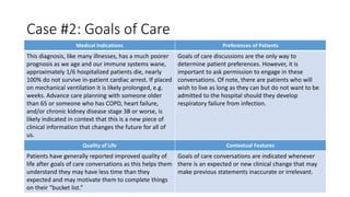 Case #2: Goals of Care
Medical Indications Preferences of Patients
This diagnosis, like many illnesses, has a much poorer
prognosis as we age and our immune systems wane,
approximately 1/6 hospitalized patients die, nearly
100% do not survive in-patient cardiac arrest. If placed
on mechanical ventilation it is likely prolonged, e.g.
weeks. Advance care planning with someone older
than 65 or someone who has COPD, heart failure,
and/or chronic kidney disease stage 3B or worse, is
likely indicated in context that this is a new piece of
clinical information that changes the future for all of
us.
Goals of care discussions are the only way to
determine patient preferences. However, it is
important to ask permission to engage in these
conversations. Of note, there are patients who will
wish to live as long as they can but do not want to be
admitted to the hospital should they develop
respiratory failure from infection.
Quality of Life Contextual Features
Patients have generally reported improved quality of
life after goals of care conversations as this helps them
understand they may have less time than they
expected and may motivate them to complete things
on their “bucket list.”
Goals of care conversations are indicated whenever
there is an expected or new clinical change that may
make previous statements inaccurate or irrelevant.
 