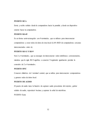 32
PUERTO RCA
Envía y recibe señales desde la computadora hacia la pantalla y desde un dispositivo
externo hacia la computadora.
PUERTO RJ-45
Es en forma semi-rectangular con 8 terminales, que se utilizan para interconectar
computadoras y crear redes de datos de área local (LAN-RED de computadoras cercanas
interconectadas entre sí).
PUERTO RJ-11 Y RJ-9
Son 2 y 4 terminales, que se encargan de interconectar redes telefónicas convencionales,
mientras que la sigla RJ-9 significa o conector 9 registrado igualmente permite la
conexión de 2 a 4 terminales.
PUERTO BNC
Conector cilíndrico de 1 terminal central, que se utiliza para interconectar computadoras
y generar redes de datos local.
PUERTO DE AUDIO
El puerto de audio tiene la función de capturar audio procedente del exterior, grabar
señales de audio, reproducir bocinas y capturar la señal de micrófono.
PUERTO Esata
 