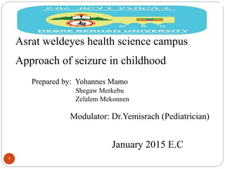 1
DEBREBIRHAN UNIVERSITY
Asrat weldeyes health science campus
Approach of seizure in childhood
Prepared by: Yohannes Mamo
Shegaw Merkebu
Zelalem Mekonnen
Modulator: Dr.Yemisrach (Pediatrician)
January 2015 E.C
 