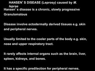 HANSEN’S DISEASE (Leprosy) caused by M.
leprae
Hansen’s disease is a chronic, slowly progressive
Granulomatous
Disease involve ectodermally derived tissues e.g. skin
and peripheral nerves.
Usually limited to the cooler parts of the body e.g. skin,
nose and upper respiratory tract.
It rarely affects internal organs such as the brain, liver,
spleen, kidneys, and bones.
It has a specific predilection for peripheral nerves.
 