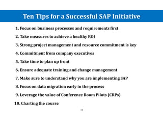 Ten Tips for a Successful SAP Initiative
1. Focus on business processes and requirements first
2. Take measures to achieve a healthy ROI
3. Strong project management and resource commitment is key
4. Commitment from company executives
5. Take time to plan up front
6. Ensure adequate training and change management
7. Make sure to understand why you are implementing SAP
8. Focus on data migration early in the process
9. Leverage the value of Conference Room Pilots (CRPs)
10. Charting the course
75
 