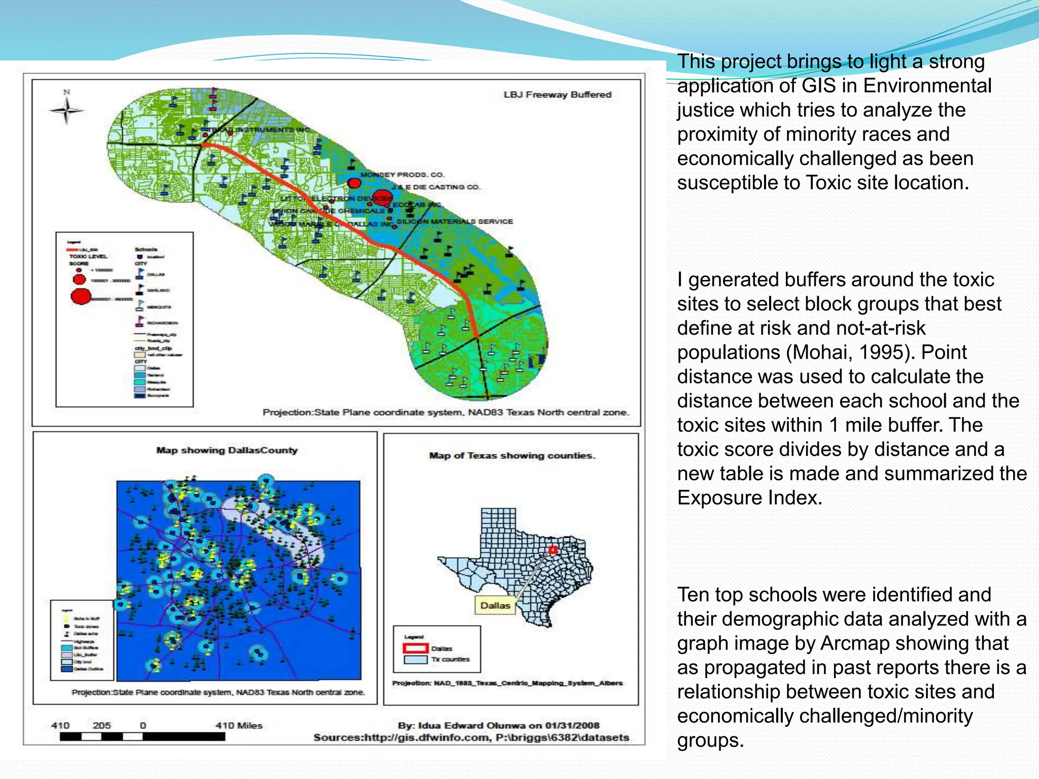 This project brings to light a strong
application of GIS in Environmental
justice which tries to analyze the
proximity of minority races and
economically challenged as been
susceptible to Toxic site location.
I generated buffers around the toxic
sites to select block groups that best
define at risk and not-at-risk
populations (Mohai, 1995). Point
distance was used to calculate the
distance between each school and the
toxic sites within 1 mile buffer. The
toxic score divides by distance and a
new table is made and summarized the
Exposure Index.
Ten top schools were identified and
their demographic data analyzed with a
graph image by Arcmap showing that
as propagated in past reports there is a
relationship between toxic sites and
economically challenged/minority
groups.
 