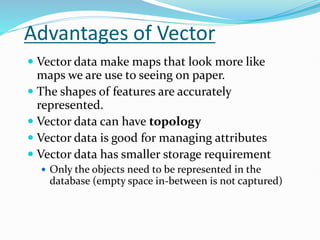 Advantages of Vector
 Vector data make maps that look more like
maps we are use to seeing on paper.
 The shapes of features are accurately
represented.
 Vector data can have topology
 Vector data is good for managing attributes
 Vector data has smaller storage requirement
 Only the objects need to be represented in the
database (empty space in-between is not captured)
 