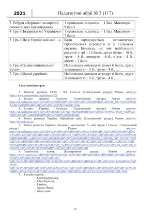 2021 Педагогічні обрії № 3 (117)
28
3. Ребуси «Державні та народні
символи моєї Батьківщини»
1 правильна відповідь – 1 бал. Максимум –
9 балів
4. Гра «Подорожуємо Україною» 1 правильна відповідь – 1 бал. Максимум –
7 балів
5. Гра «Що в Україні най-най…» Бали нараховуються автоматично.
Пропонується перевести їх у 12-бальну
систему. Команда, що має найбільший
рахунок у грі – 12 балів, друге місце – 10 б.,
третє – 8 б., четверте – 6 б., п’яте – 4 б.,
шосте – 2 бали
6. Гра «Страви національної
кухні»
Найшвидша команда отримує 6 балів, друга
за швидкістю – 5 б., третя – 4 б., …
7. Гра «Відомі українці» Найшвидша команда отримує 6 балів, друга
за швидкістю – 5 б., третя – 4 б., …
Електронні ресурси:
1. Видатні українці XVIII - XX століття. [Електронний ресурс] Режим доступу:
https://www.museumsun.org/history/4/21
2. Великі українці. Вікіпедія. [Електронний ресурс] Режим доступу:
https://uk.wikipedia.org/wiki/%D0%92%D0%B5%D0%BB%D0%B8%D0%BA%D1%96_%D1%83%D0%B
A%D1%80%D0%B0%D1%97%D0%BD%D1%86%D1%96
3. Історія України. Вікіпедія. [Електронний ресурс] Режим доступу:
https://uk.wikipedia.org/wiki/%D0%86%D1%81%D1%82%D0%BE%D1%80%D1%96%D1%8F_%D0%A3
%D0%BA%D1%80%D0%B0%D1%97%D0%BD%D0%B8
4. Книга рекордів України. Офіційний сайт. [Електронний ресурс] Режим доступу:
https://record.org.ua/
5. Книга рекордів України: Людина і суспільство. У світі науки і техніки. [Електронний
ресурс] Режим доступу:
https://uk.wikipedia.org/wiki/%D0%9A%D0%BD%D0%B8%D0%B3%D0%B0_%D1%80%D0%B5%D0%
BA%D0%BE%D1%80%D0%B4%D1%96%D0%B2_%D0%A3%D0%BA%D1%80%D0%B0%D1%97%D0
%BD%D0%B8:_%D0%9B%D1%8E%D0%B4%D0%B8%D0%BD%D0%B0_%D1%96_%D1%81%D1%83
%D1%81%D0%BF%D1%96%D0%BB%D1%8C%D1%81%D1%82%D0%B2%D0%BE._%D0%A3_%D1
%81%D0%B2%D1%96%D1%82%D1%96_%D0%BD%D0%B0%D1%83%D0%BA%D0%B8_%D1%96_%
D1%82%D0%B5%D1%85%D0%BD%D1%96%D0%BA%D0%B8
6. Українська кухня. [Електронний ресурс] Режим доступу:
https://www.kamis.ua/%D0%B5%D0%BD%D1%86%D0%B8%D0%BA%D0%BB%D0%BE%D0%B
F%D0%B5%D0%B4%D1%96%D1%8F-
%D1%81%D0%BF%D0%B5%D1%86%D1%96%D0%B9/%D0%BA%D1%83%D1%85%D0%BD%D
1%96-
%D1%81%D0%B2%D1%96%D1%82%D1%83/%D1%83%D0%BA%D1%80%D0%B0%D1%97%D0
%BD%D1%81%D1%8C%D0%BA%D0%B0-%D0%BA%D1%83%D1%85%D0%BD%D1%8F
7. Онлайн-сервіси:
- LearningApps.org,
- ClassTools.net,
- Fyrebox,
- Jigsaw Planet,
- rebus1.com
 
