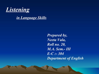 Listening   in Language Skills Prepared by, Neeta Vala, Roll no. 20, M.A. Sem.- III E-C :- 304 Department of English  