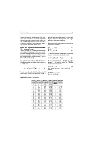59
Facultad de Ciencias Agropecuarias
Vol 3 No.1 Marzo 2005
Se determinó entonces, que la reacción es de primer
orden, donde la velocidad es exactamente proporcional
a la concentración de un reaccionante. De acuerdo con
esto, se estableció que tiempo de reacción adecuado es
de dos horas para obtener una concentración de almi-
dón remanente del 9.1% del almidón inicial.
Cinética de la reacción con amiloglucosidasa AMG
300 L de Aspergillus níger
Teniendo en cuenta que el sustrato disponible en todo
momento para la hidrólisis, es la diferencia de los sóli-
dos totales en la solución y la fracción de glucosa exis-
tente en un tiempo dado de reacción, se efectuó el aná-
lisis de la reacción de la hidrólisis siguiendo la teoría de
Michaelis-Menten (Cuadro 3).
Para aplicar la teoría cinética de Michaelis-Menten es
necesario presuponer que nada del producto se revierte
al sustrato inicial.
(6)
Teniendo en cuenta que la velocidad catalítica es igual al
producto de la concentración del complejo ES y k3
; la
velocidad de formación de ES es igual al producto de E,
S y k1
; la velocidad de descomposición de ES es igual
al producto ES por la suma de k2
y k3
.
Bajo condiciones de estado estacionario, se igualan las
expresiones y se obtiene:
[ES] = Km
[E] [S] (7)
Donde,
Km
= ( k2
+k3
) / k1
(8)
La velocidad máxima se obtiene cuando los centros de
la enzima se encuentran saturados de sustrato.
V = Vmáx { [S] / ([S] + [Km
] ) } (9)
En este momento la expresión { [S] / ([S] + [Km
] ) } se
aproxima a 1. Del cuadro 3, se tiene que la velocidad
máxima es aproximadamente:
Vmáx 17.6 g / h (10)
Si se tiene en cuenta que a Vmáx / 2 la [S] = Km
entonces,
V= Vmáx / 2 8.8 g / h
[S] = Km
160.4 g / l
CUADRO 3. Cinética de la glucoamilasa
7LHPSR
KRUDV 
