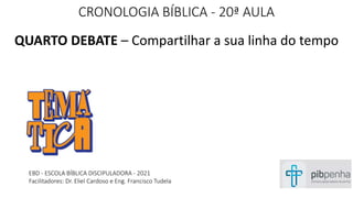 CRONOLOGIA BÍBLICA - 20ª AULA
QUARTO DEBATE – Compartilhar a sua linha do tempo
EBD - ESCOLA BÍBLICA DISCIPULADORA - 2021
Facilitadores: Dr. Eliel Cardoso e Eng. Francisco Tudela
 