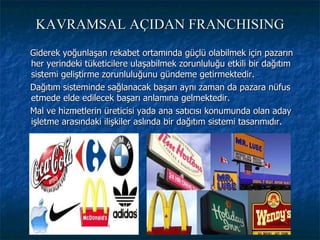 KAVRAMSAL AÇIDAN FRANCHISING Giderek yoğunlaşan rekabet ortamında güçlü olabilmek için pazarın her yerindeki tüketicilere ulaşabilmek zorunluluğu etkili bir dağıtım sistemi geliştirme zorunluluğunu gündeme getirmektedir. Dağıtım sisteminde sağlanacak başarı aynı zaman da pazara nüfus etmede elde edilecek başarı anlamına gelmektedir. Mal ve hizmetlerin üreticisi yada ana satıcısı konumunda olan aday işletme arasındaki ilişkiler aslında bir dağıtım sistemi tasarımıdır. 