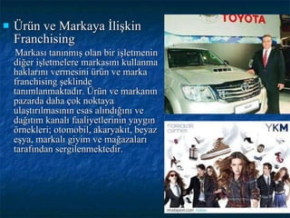 Ürün ve Markaya İlişkin Franchising Markası tanınmış olan bir işletmenin diğer işletmelere markasını kullanma haklarını vermesini ürün ve marka franchising şeklinde tanımlanmaktadır. Ürün ve markanın pazarda daha çok noktaya ulaştırılmasının esas alındığını ve dağıtım kanalı faaliyetlerinin yaygın örnekleri; otomobil, akaryakıt, beyaz eşya, markalı giyim ve mağazaları tarafından sergilenmektedir. 