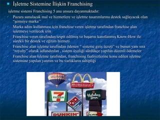 İşletme Sistemine İlişkin Franchising işletme sistemi Franchising 5 ana unsura dayanmaktadır: Pazara sunulacak mal ve hizmetlere ve işletme tasarımlarına destek sağlayacak olan “şemsiye marka’’ Marka adını kullanması için franchise veren işletme tarafından franchise alan işletmeye verilecek izin  Franchise veren tarafından tespit edilmiş ve başarısı kanıtlanmış Know-How ile sürekli bir destek ve eğitim hizmeti Franchise alan işletme tarafından ödenen “ sisteme giriş ücreti” ve bunun yanı sıra “royalty” olarak adlandırılan , sistem üyeliği sürdükçe yapılan düzenli ödemeler  Franchise alan işletme tarafından, franchising faaliyetlerine konu edilen işletme sistemine yapılan yatırım ve bu varlıkların sahipliği 