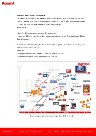 www.digimind.fr 20 bonnes pratiques +1 en e-réputation - Part. 1 18 Christophe ASSELIN -Digimind  2011 – Logiciels de veille et e-réputation
Comment définir les sites prioritaires ?
Les intérêts de surveillance des différents médias internet vont varier en fonction de nombreux
critères: Facebook est en tête du classement pour la marque X mais les sites d'Avis Consommateurs
ont un intérêt supérieur pour la veille e-réputation de la marque Y.
Il convient de :
 Lister les différentes thématiques de veille e-réputation
 Lister les différents types de médias internet susceptibles, à priori, d'être intéressants (Blogs,
Twitter, Forums, ..)
 De croiser, dans une matrice, thèmes et médias afin de qualifier pour chacun, les avantages et
limites en termes de surveillance.
Exemples :
-e-réputation relation client: Twitter +++, Facebook +, Blogs A et B ++
-e-réputation corporate : Forum Boursorama +++, Facebook -
 Exemple de propagation d'une campagne d'une ONG sur le web
 