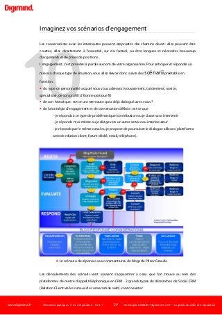www.digimind.fr 20 bonnes pratiques +1 en e-réputation - Part. 1 29 Christophe ASSELIN -Digimind  2011 – Logiciels de veille et e-réputation
10
Imaginez vos scénarios d'engagement
Les conversations avec les internautes peuvent emprunter des chemins divers: elles peuvent être
courtes, aller directement à l'essentiel, sur du factuel, ou être longues et nécessiter beaucoup
d'arguments et de prises de positions.
L'engagement, c'est prendre la parole au nom de votre organisation. Pour anticiper et répondre au
mieux à chaque type de situation, vous allez devoir donc suivre des scénariipréétablis en
fonction:
 du type de personnalité auquel vous vous adressez (vouvoiement, tutoiement, novice,
spécialiste), de son profil (cf Bonne pratique 9)
 de son historique : est-ce un internaute qui a déjà dialogué avec vous ?
 de la stratégie d'engagement et de conversation définie : est-ce que
- je réponds à ce type de problématique/contribution ou je classe sans intervenir
- je réponds moi-même ou je dirige vers un autre service ou interlocuteur
- je réponds par le même canal ou je propose de poursuivre le dialogue ailleurs (plateforme
web de relation client, forum dédié, email, téléphone).
 Le scénario de réponses aux commentaires de blogs de Pfizer Canada
Les déroulements des scénarii vont souvent s'apparenter à ceux que l'on trouve au sein des
plateformes de centre d'appel téléphonique en CRM. 2 grands types de démarches de Social CRM
(Relation Client via les canaux de conversation web) vont coexister :
 