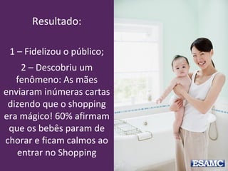 Resultado:
1 – Fidelizou o público;
2 – Descobriu um
fenômeno: As mães
enviaram inúmeras cartas
dizendo que o shopping
era mágico! 60% afirmam
que os bebês param de
chorar e ficam calmos ao
entrar no Shopping
 