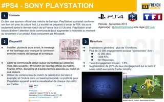 #PS4 - SONY PLAYSTATION
Période : Novembre 2013
Agence(s) : @ZenithOptimedia et la régie @tf1pub
Résultats
➔ Impressions générées : plus de 10 millions.
➔ Plus de 33 000 engagements sociaux “sponsorisés” dont :
◆ 32 000 clics.
◆ 1388 RTs.
◆ 397 Réponses.
➔ Taux d’engagement moyen : 1.8%.
➔ Augmentation de 25 % du taux d’engagement sur le banc d’
essai relatif aux sports Twitter Amplify.
Contexte
En tant que sponsor officiel des matchs de barrage, PlayStation souhaitait confirmer
son lien fort avec la culture foot. La société se préparait à lancer la PS4, dix jours
seulement après le dernier match de la France face à l’Ukraine. PlayStation avait
besoin d’attirer l’attention de la communauté pour augmenter la notoriété au moment
du lancement d’un produit Xbox concurrent par Microsoft.
1
2 3Dispositif
● Installer, plusieurs jours avant, le message
et les hashtags pour marquer la connexion
entre les matchs de barrage et la marque.
● Cibler la communauté active autour du football qui utilise les
mots-clés suivants : #FRAUKR (le hashtag officiel du match),
France, #PS4, Benzema et d’autres termes associés au match et
aux joueurs.
● Utiliser du contenu issu du match (le ralenti d’un but dans l’
exemple) et l’inclure dans un tweet sponsorisé. La publicité pour
Playstation apparaît avant la visualisation de chaque clip vidéo
sur Twitter.
 