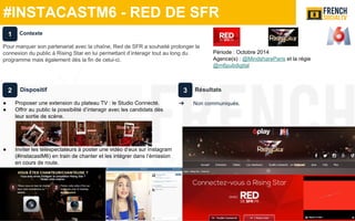 #INSTACASTM6 - RED DE SFR
Période : Octobre 2014
Agence(s) : @MindshareParis et la régie
@m6pubdigital
Dispositif
● Proposer une extension du plateau TV : le Studio Connecté.
● Offrir au public la possibilité d’interagir avec les candidats dès
leur sortie de scène.
● Inviter les téléspectateurs à poster une vidéo d’eux sur Instagram
(#instacastM6) en train de chanter et les intégrer dans l’émission
en cours de route.
Résultats
➔ Non communiqués.
Contexte
Pour marquer son partenariat avec la chaîne, Red de SFR a souhaité prolonger la
connexion du public à Rising Star en lui permettant d’interagir tout au long du
programme mais également dès la fin de celui-ci.
1
2 3
 