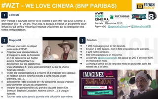 #WZT - WE LOVE CINEMA (BNP PARIBAS)
Contexte
BNP Paribas a souhaité donner de la visibilité à son offre “We Love Cinema” à
destination des 18 - 29 ans. Pour cela, la banque a produit un programme court
diffusé sur D8 dont la mécanique reposait uniquement sur la participation des
twittos-téléspectateurs.
1
2 3➔ Résultats
➔
➔ 1 200 messages pour le 1er épisode.
➔ Environ 9 000 Tweets, dont 3 600 propositions de scénario.
➔ 3 222 twittos uniques.
➔ 600 000 spectateurs en moyenne.
➔ Le compte @welovecinemafr est passé de 200 à environ 4000
en moins d’un mois.
➔ La marque arrive au 3e rang des mots les plus cités dans les
tweets liés à la série.
Période : Décembre 2013
Agence(s) : @agenceLeDouze et @WeAreSocialFR
Dispositif
● Diffuser une vidéo de départ
juste après #TPMP.
● Proposer aux téléspectateurs
d’imaginer la suite de l’épisode
en 140 caractères sur Twitter
avec le hashtag #WZT ou
directement sur les plateformes
www.whatzeteuf.fr, www.welovecinema.fr ou sur la chaîne
YouTube dédiée.
● Inviter les téléspectateurs à s’inscrire et à proposer des cadeaux
en relation avec le cinéma (tickets à tarifs réduits, avant-
première, etc…).
● Sélectionner l’idée exposée en 140 caractères la plus originale
pour alimenter la suite du programme.
● Intégrer des personnalités du grand et du petit écran (Elie
Semoun, Baptiste Lecaplain, Noémie Lenoir, ...) à chaque
épisode.
● Tourner cette suite dans la journée et la diffuser le soir-même.
 