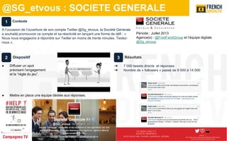 @SG_etvous : SOCIETE GENERALE
Période : Juillet 2013
Agence(s) : @FredFaridGroup et l’équipe digitale
@Sg_etvous
Résultats
➔ 7 000 tweets directs et réponses
➔ Nombre de « followers » passé de 9 000 à 14 000
Contexte
A l’occasion de l’ouverture de son compte Twitter @Sg_etvous, la Société Générale
a souhaité promouvoir ce compte et sa réactivité en lançant une forme de défi : «
Nous nous engageons à répondre sur Twitter en moins de trente minutes. Testez-
nous ».
1
2 3Dispositif
● Diffuser un spot
précisant l’engagement
et la “règle du jeu”.
● Mettre en place une équipe dédiée aux réponses.
 