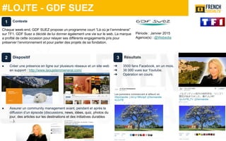 #LOJTE - GDF SUEZ
Dispositif
● Créer une présence en ligne sur plusieurs réseaux et un site web
en support : http://www.laoujetemmenerai.com/
● Assurer un community management avant, pendant et après la
diffusion d’un épisode (discussions, news, idées, quiz, photos du
jour, des articles sur les destinations et des initiatives durables
…).
Contexte
Chaque week-end, GDF SUEZ propose un programme court “Là où je t’emmènerai”
sur TF1. GDF Suez a décidé de lui donner également une vie sur le web. La marque
a profité de cette occasion pour relayer ses différents engagements pris pour
préserver l’environnement et pour parler des projets de sa fondation.
1
2 3 Résultats
➔ 3500 fans Facebook, en un mois.
➔ 38 000 vues sur Youtube.
➔ Opération en cours.
Période : Janvier 2015
Agence(s) : @Webedia
 