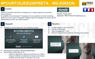 #POURTOIJESUISPRETA - WILKINSON
Période : Février 2015
Agence(s) : MEC France et la régie @tf1pub
Dispositif
● Engager la communauté avec une mécanique simple.
● Sponsoriser un hashtag : #PourToiJeSuisPretA.
● Synchroniser Twitter avec la TV :
○ Inciter les utilisateurs à déclarer leur flamme sur Twitter.
○ Intégrer et diffuser les déclarations les plus romantiques
et drôles dans des spots TV pendant The Voice.
Résultats
➔ 3 spots diffusés à partir de 21h30.
➔ Plus de 8 000 tweets.
➔ Taux d'engagement : 3.6%.
➔ #PourToiJeSuisPretA est resté en Trending Topic naturel
Contexte
Wilkinson souhaitait véhiculer le message qu’un “rasage soigné est la première
preuve d'amour”.
En parallèle d’une campagne TV classique et d’une opération de street marketing,
Wilkinson a voulu créer un dispositif TV/digital original et engageant en temps réel les
téléspectateurs autour de la Saint-Valentin.
1
2 3
 