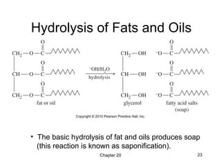 Chapter 20 23
Hydrolysis of Fats and Oils
• The basic hydrolysis of fat and oils produces soap
(this reaction is known as saponification).
 