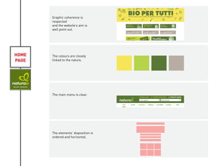 HOME
PAGE
Graphic coherence is
respected
and the website’s aim is
well point out.
The colours are closely
linked to the nature.
The main menu is clear.
The elements’ disposition is
ordered and horizontal.
KIVIAT
 