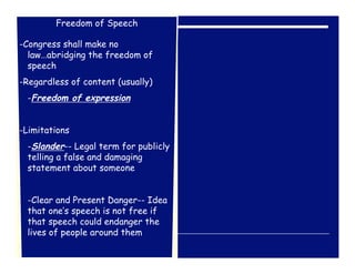 Freedom of Speech

-Congress shall make no
  law…abridging the freedom of
  speech
-Regardless of content (usually)
 -Freedom of expression


-Limitations
 -Slander-- Legal term for publicly
 telling a false and damaging
 statement about someone


 -Clear and Present Danger-- Idea
 that one’s speech is not free if
 that speech could endanger the
 lives of people around them
 