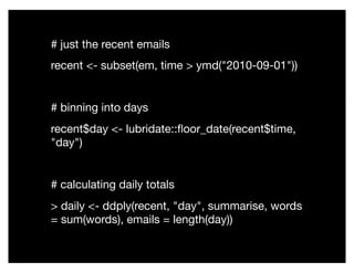 # just the recent emails
recent <- subset(em, time > ymd("2010-09-01"))
# binning into days
recent$day <- lubridate::ﬂoor_date(recent$time,
"day")
# calculating daily totals
> daily <- ddply(recent, "day", summarise, words
= sum(words), emails = length(day))
 