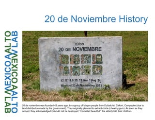 20 de Noviembre History
20 de noviembre was founded 43 years ago, by a group of Mayan people from Dzibalché, Calkiní, Campeche (due to
land distribution made by the government). They originally planned to extract chicle (chewing gum). As soon as they
arrived, they acknowledged it should not be destroyed; “it smelled beautiful”, the elderly told their children.
 