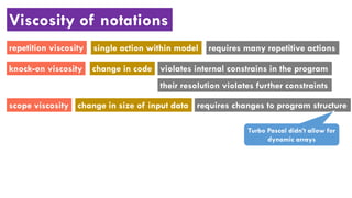 Viscosity of notations
knock-on viscosity
repetition viscosity
scope viscosity
violates internal constrains in the programchange in code
their resolution violates further constraints
change in size of input data requires changes to program structure
Turbo Pascal didn’t allow for
dynamic arrays
single action within model requires many repetitive actions
 