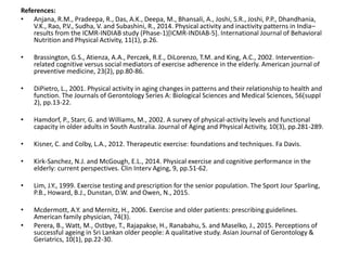 References:
• Anjana, R.M., Pradeepa, R., Das, A.K., Deepa, M., Bhansali, A., Joshi, S.R., Joshi, P.P., Dhandhania,
V.K., Rao, P.V., Sudha, V. and Subashini, R., 2014. Physical activity and inactivity patterns in India–
results from the ICMR-INDIAB study (Phase-1)[ICMR-INDIAB-5]. International Journal of Behavioral
Nutrition and Physical Activity, 11(1), p.26.
• Brassington, G.S., Atienza, A.A., Perczek, R.E., DiLorenzo, T.M. and King, A.C., 2002. Intervention-
related cognitive versus social mediators of exercise adherence in the elderly. American journal of
preventive medicine, 23(2), pp.80-86.
• DiPietro, L., 2001. Physical activity in aging changes in patterns and their relationship to health and
function. The Journals of Gerontology Series A: Biological Sciences and Medical Sciences, 56(suppl
2), pp.13-22.
• Hamdorf, P., Starr, G. and Williams, M., 2002. A survey of physical-activity levels and functional
capacity in older adults in South Australia. Journal of Aging and Physical Activity, 10(3), pp.281-289.
• Kisner, C. and Colby, L.A., 2012. Therapeutic exercise: foundations and techniques. Fa Davis.
• Kirk-Sanchez, N.J. and McGough, E.L., 2014. Physical exercise and cognitive performance in the
elderly: current perspectives. Clin Interv Aging, 9, pp.51-62.
• Lim, J.Y., 1999. Exercise testing and prescription for the senior population. The Sport Jour Sparling,
P.B., Howard, B.J., Dunstan, D.W. and Owen, N., 2015.
• Mcdermott, A.Y. and Mernitz, H., 2006. Exercise and older patients: prescribing guidelines.
American family physician, 74(3).
• Perera, B., Watt, M., Ostbye, T., Rajapakse, H., Ranabahu, S. and Maselko, J., 2015. Perceptions of
successful ageing in Sri Lankan older people: A qualitative study. Asian Journal of Gerontology &
Geriatrics, 10(1), pp.22-30.
 