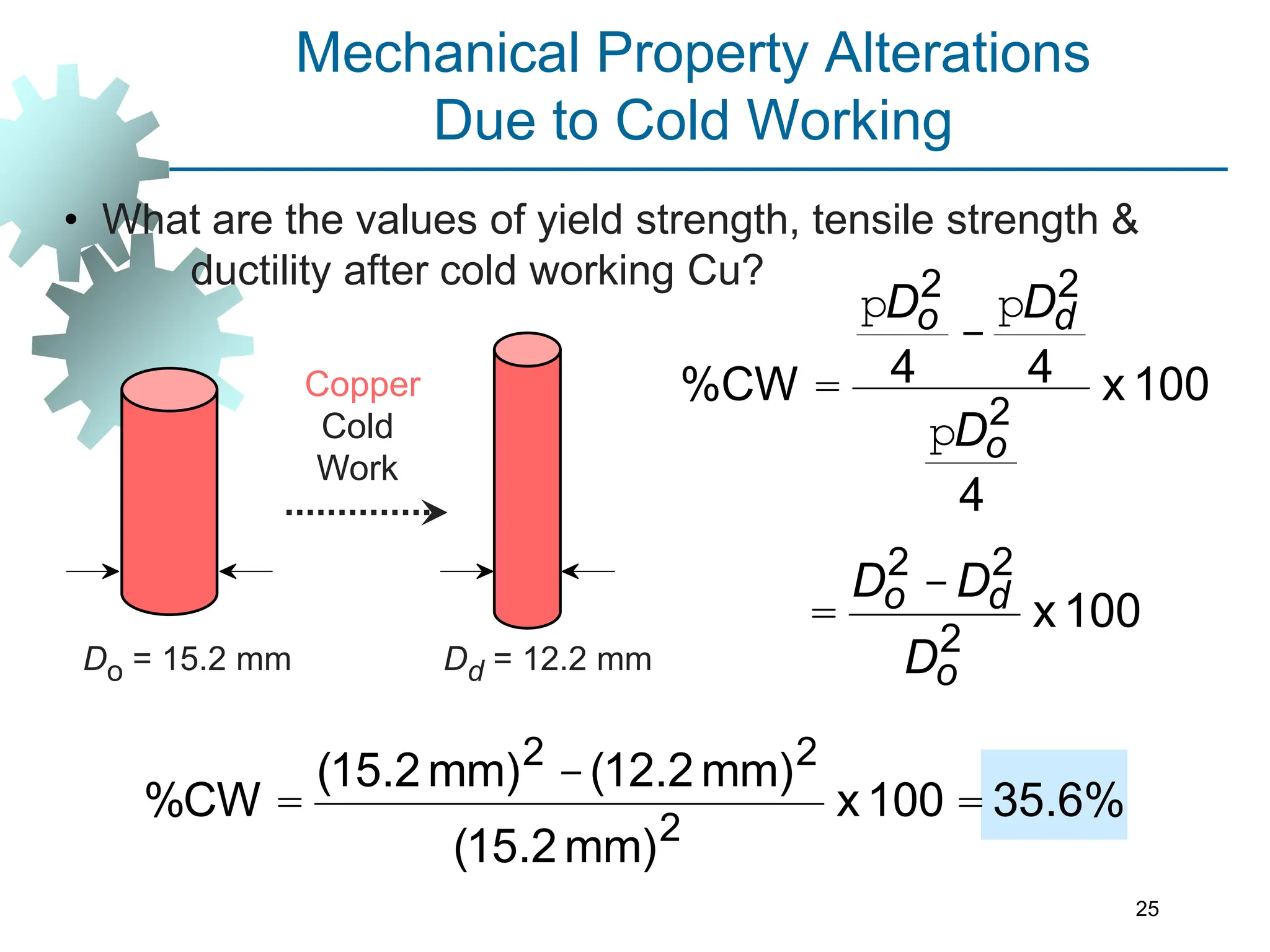 • What are the values of yield strength, tensile strength &
ductility after cold working Cu?
100
x
4
4
4
%CW
2
2
2
o
d
o
D
D
D
p
p
-
p
=
Mechanical Property Alterations
Due to Cold Working
Do = 15.2 mm
Cold
Work
Dd = 12.2 mm
Copper
%
6
.
35
100
x
mm)
2
.
15
(
mm)
2
.
12
(
mm)
2
.
15
(
CW
%
2
2
2
=
-
=
100
x
2
2
2
o
d
o
D
D
D -
=
25
 