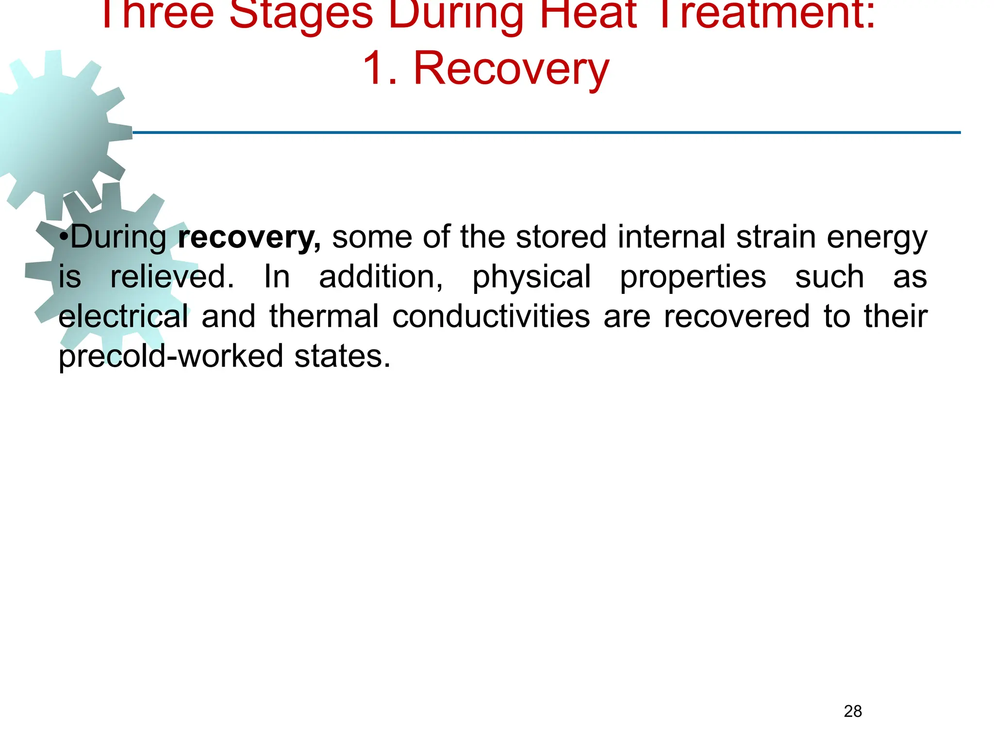 28
Three Stages During Heat Treatment:
1. Recovery
•During recovery, some of the stored internal strain energy
is relieved. In addition, physical properties such as
electrical and thermal conductivities are recovered to their
precold-worked states.
 